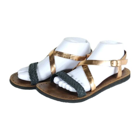 UGG Shoes - UGG Women's Jordyne US9 Leather Metallic Rose Copper Black Braided Sandals